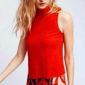 Anthropologie Red Mock Neck Textured Geometric Knit Tank Top Back Zip XS
